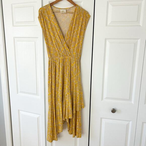 Anthropologie Maeve Fête Wrap Yellow Printed Asymmetrical Midi Dress XS EUC - Picture 3 of 9